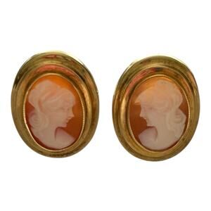 14k Yellow Gold Oval Carved Shell Italian Lady Head Cameo Earrings 4.0 Gram Vtg